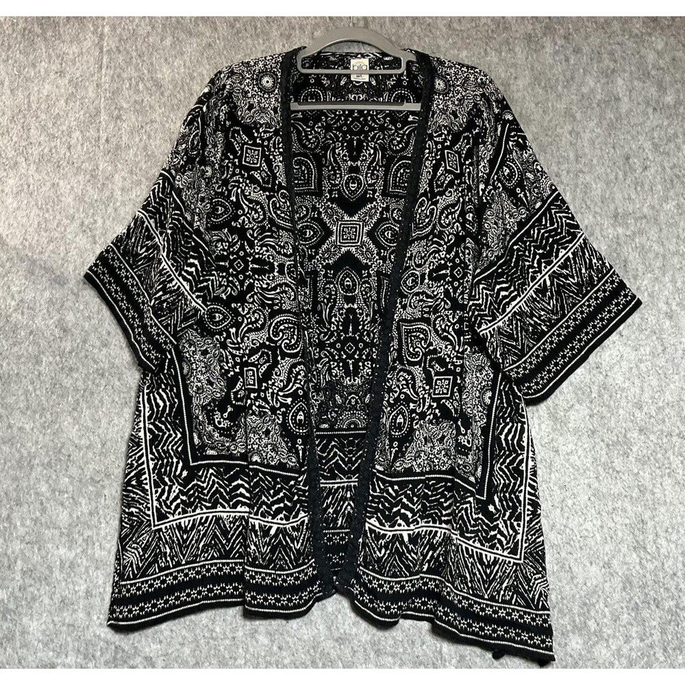 Bila Top Womens L Black Paisley Kimono Lightweight Open Front Boho Duster *